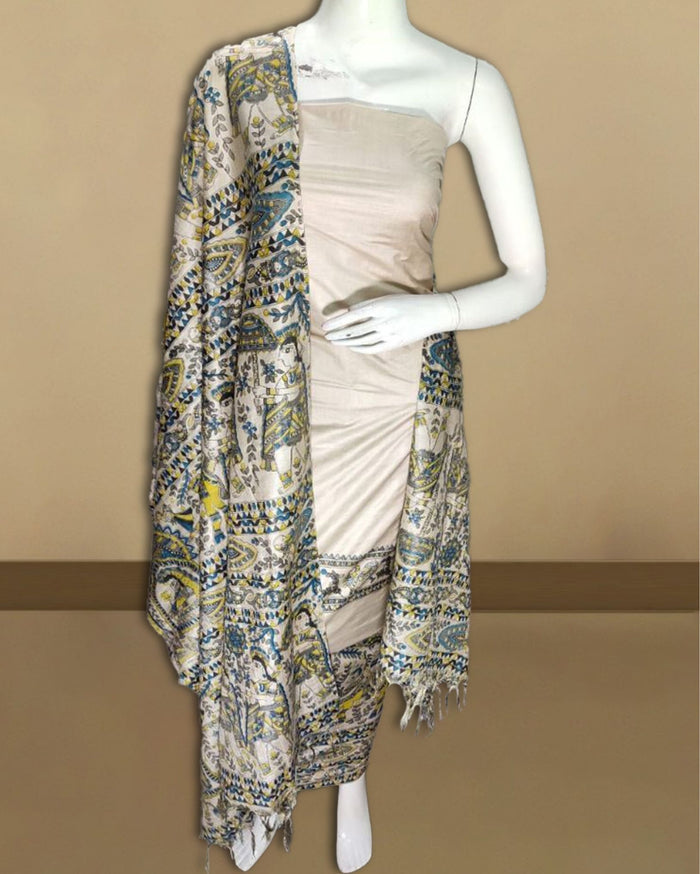 Decorous Katan Silk Madhubani Beige Suit (T+B+D)