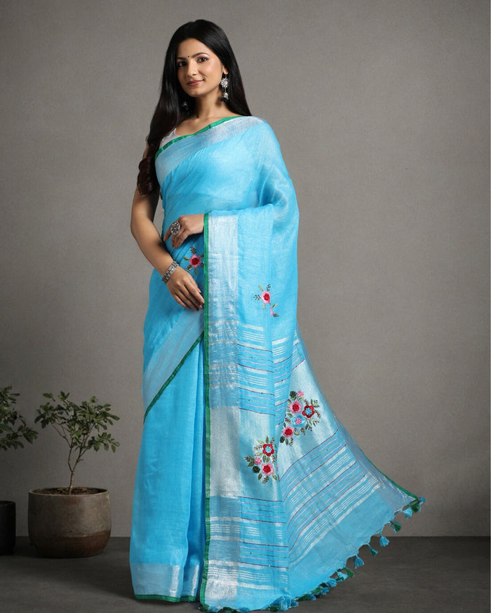 Decorous Pure Linen Floral Embroidered Blue Saree