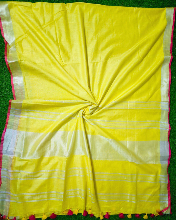 Slub Linen Saree Yellow Color Hand Dyed with Contrast Blouse-Indiehaat
