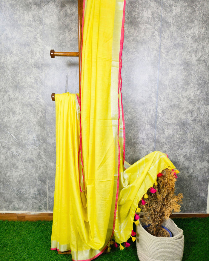 Slub Linen Saree Yellow Color Hand Dyed with Contrast Blouse-Indiehaat