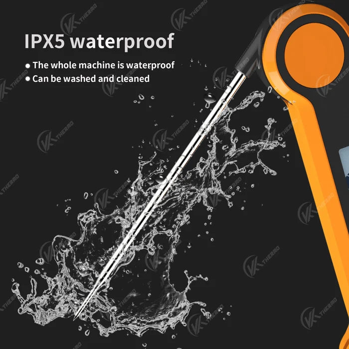 Foldable probe meat thermometer with IPX5 waterproof feature, showcasing its ability to be washed and cleaned.