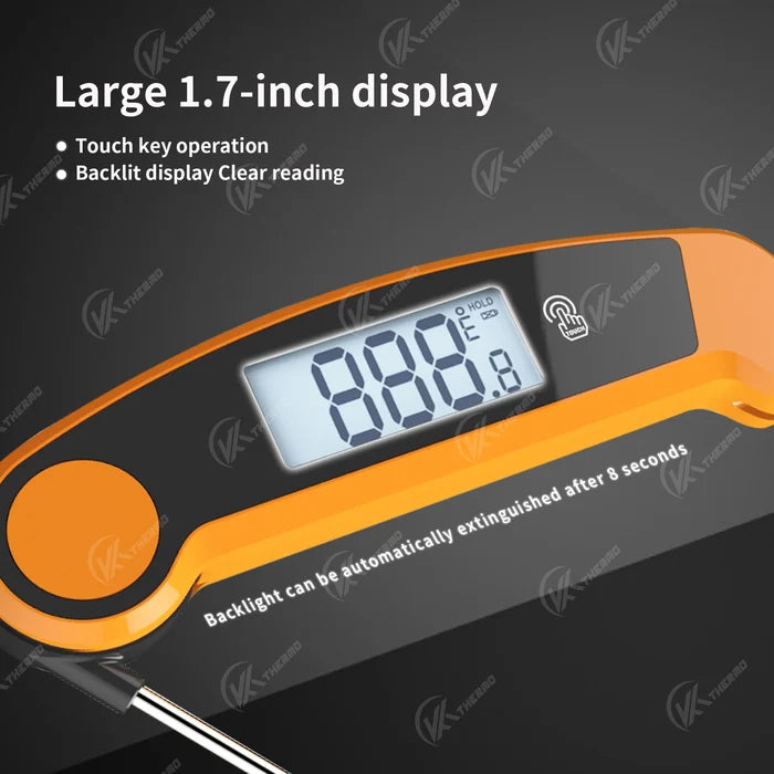 Foldable probe meat thermometer with large 1.7-inch display for accurate temperature readings.