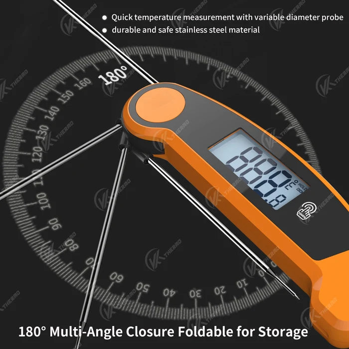 Foldable probe meat thermometer displaying temperature measurements with a 180° multi-angle closure for storage
