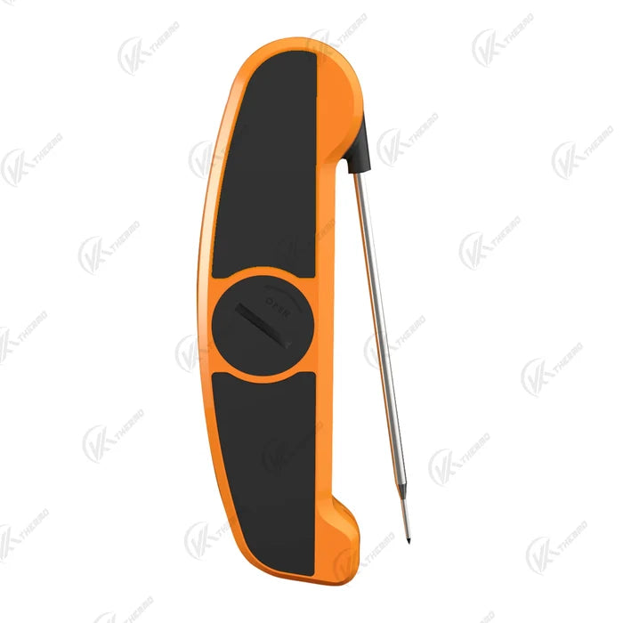 foldable probe meat thermometer in vibrant orange color with a sleek design and foldable probe for easy storage.