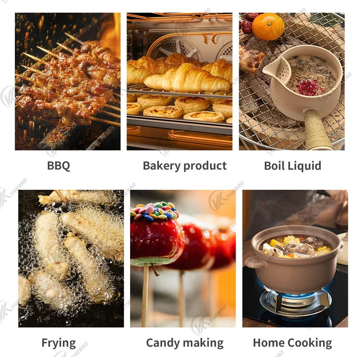 Collage of food preparation methods: BBQ, bakery items, boiling liquid, frying, candy making, and home cooking dishes.