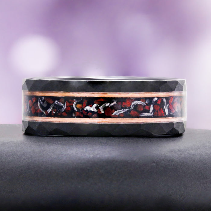 Side profile of the hammered 8mm black and rose gold tungsten band