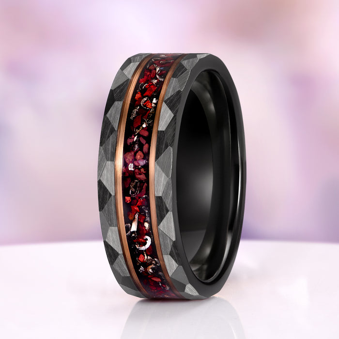 Dinosaur Bone & Meteorite Hammered Wedding Band in Black/Rose Gold Tungsten Carbide (8mm) by Aquamarise, featuring a hammered black tungsten carbide band with rose gold edges and a deep red dinosaur bone and meteorite inlay, part of Men's Wedding Bands and Inlay Wedding Bands collections.