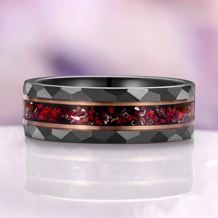 Dinosaur Bone & Meteorite Hammered Wedding Band in Black/Rose Gold Tungsten Carbide (8mm) by Aquamarise, featuring a hammered black tungsten band with a gleaming rose gold edge and a rich inlay of deep red dinosaur bone and meteorite, part of Men’s Wedding Bands and Inlay Wedding Bands collections.