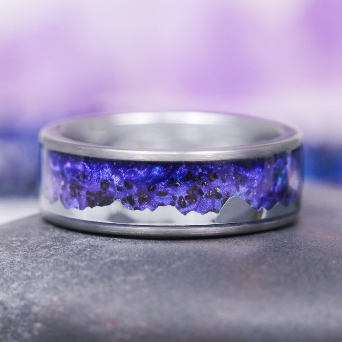 Dreamscape Wedding Band - 8MM Tungsten Carbide (Mountain Range) by Aquamarise, featuring a polished tungsten carbide band with a vibrant purple and black mountain range inlay, part of Men's Wedding Bands and Inlay Wedding Bands collections.