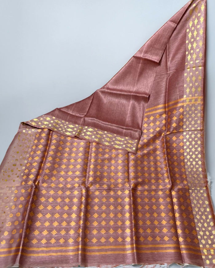 Pure Silk Linen Saree Dusty Red – Weaving Design | IndieHaat