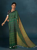 Dreamy Pure Linen Kantha Work Saree Spectra Green
