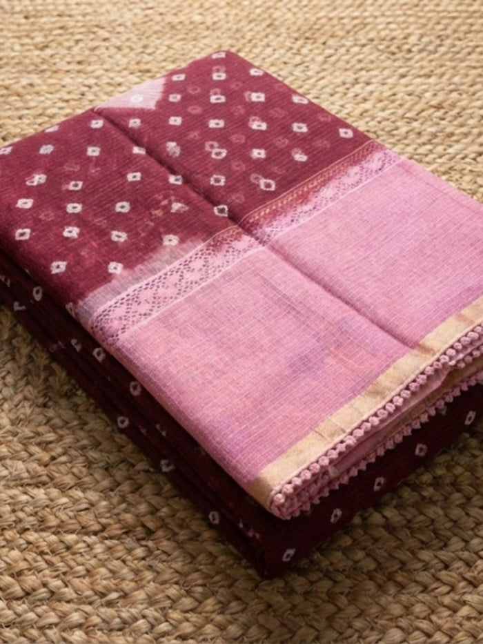 Dye & Drape Kota Cotton Bandhej Maroon Saree