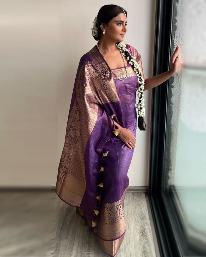 Silk Linen Banarasi Brocade Handloom Purple Saree with Blouse-Indiehaat