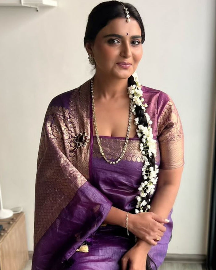 Silk Linen Banarasi Brocade Handloom Purple Saree with Blouse-Indiehaat