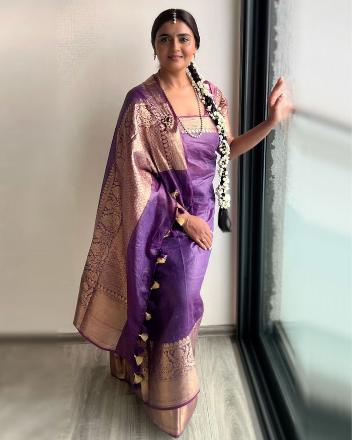 Silk Linen Banarasi Brocade Handloom Purple Saree with Blouse-Indiehaat