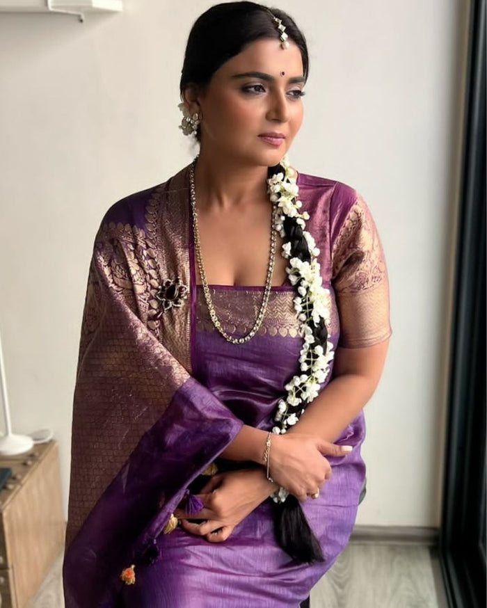 Silk Linen Banarasi Brocade Handloom Purple Saree with Blouse-Indiehaat