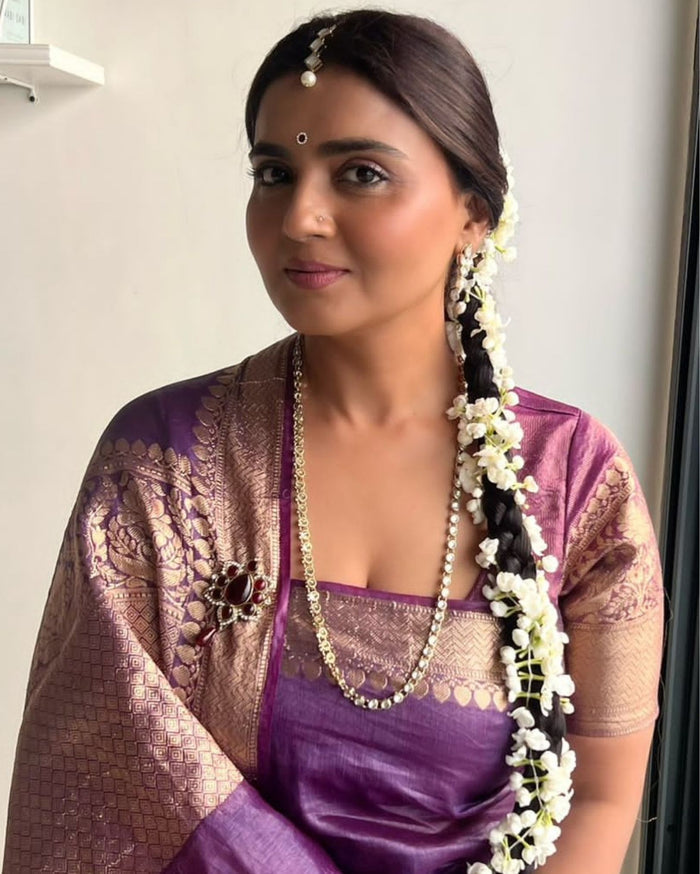 Silk Linen Banarasi Brocade Handloom Purple Saree with Blouse-Indiehaat
