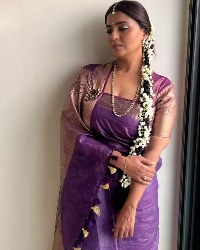 Silk Linen Banarasi Brocade Handloom Purple Saree with Blouse-Indiehaat