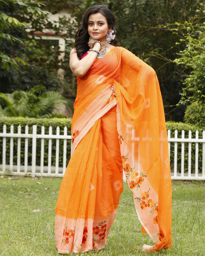 Earthy Bandhej Kota Doria Embroidery Orange Saree Handdyed