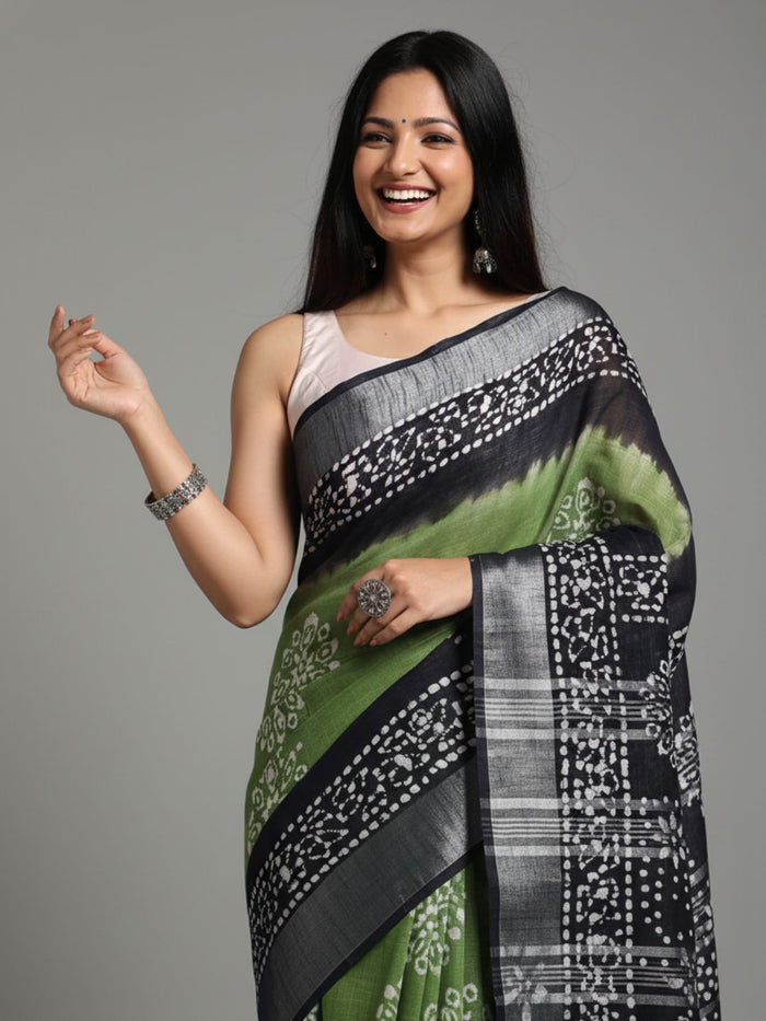Earthy Slub Linen Saree Wax Batik Hand Dyed Moss Green