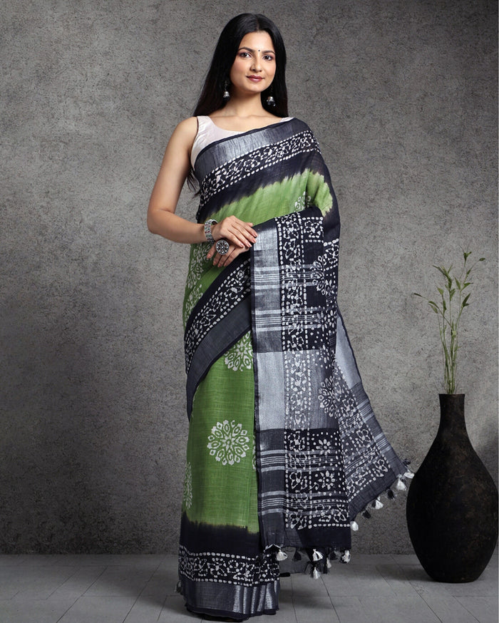 Slub Linen Saree Batik Print Moss Green-Indiehaat