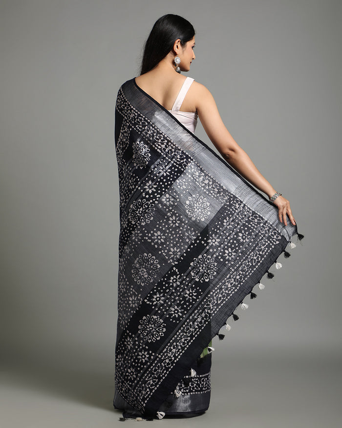 Slub Linen Saree Batik Print Moss Green-Indiehaat