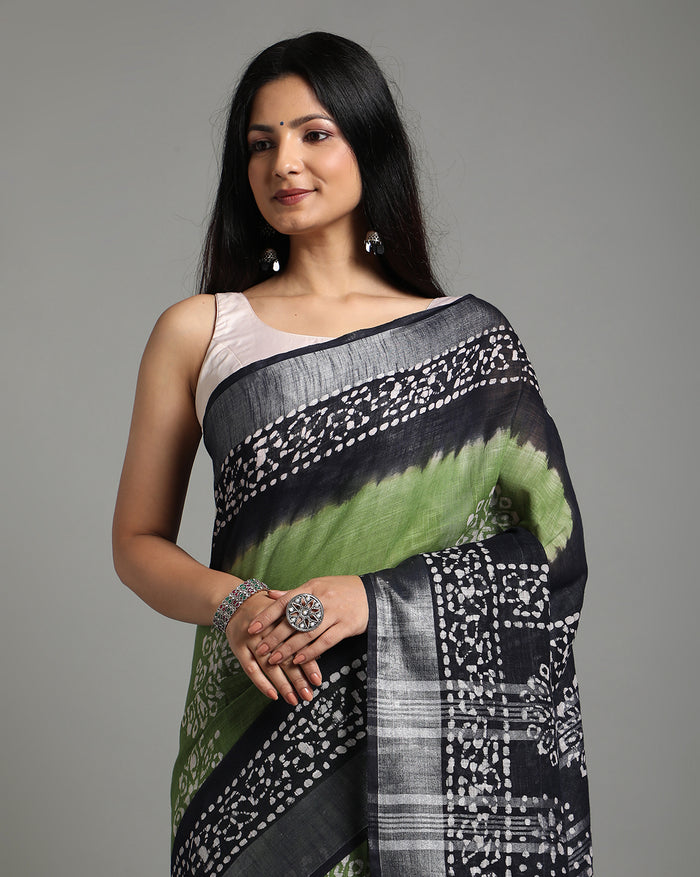 Slub Linen Saree Batik Print Moss Green-Indiehaat