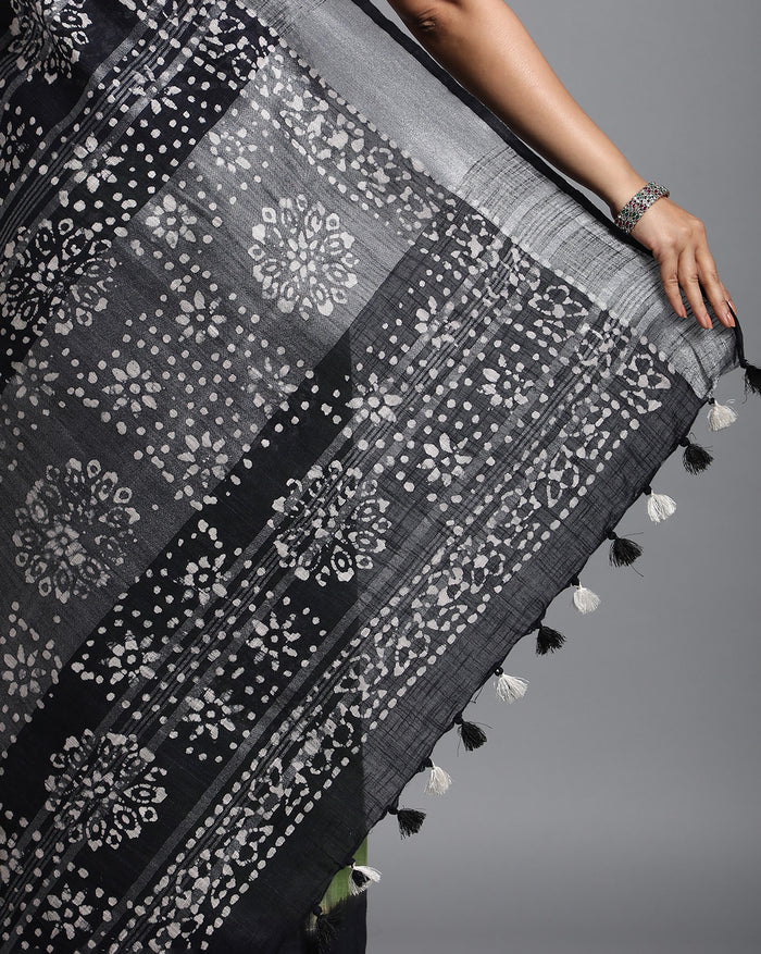 Slub Linen Saree Batik Print Moss Green-Indiehaat