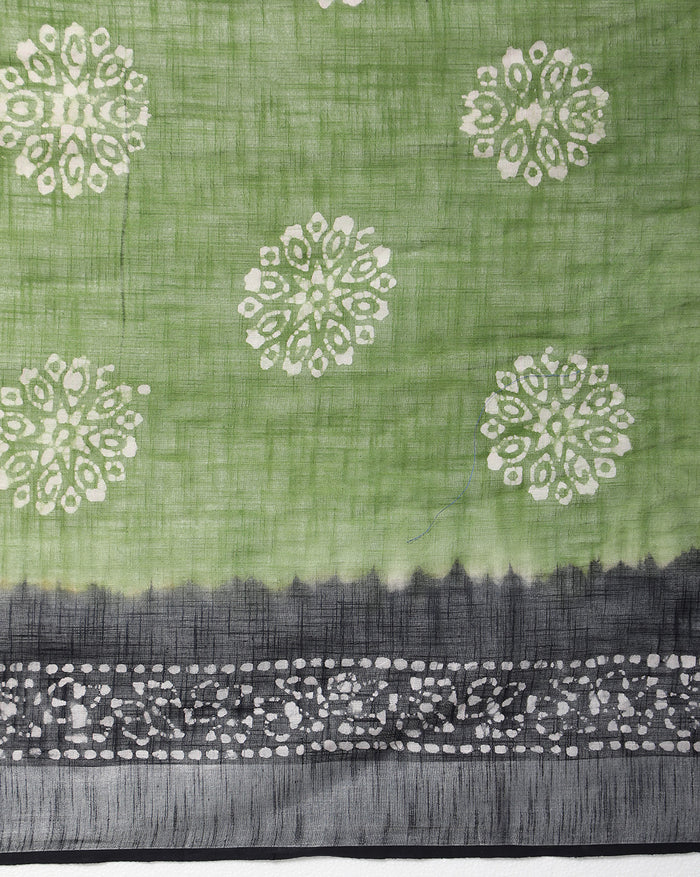 Slub Linen Saree Batik Print Moss Green-Indiehaat