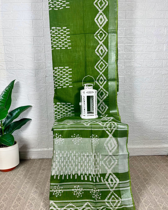 IndieHaat | Slub Linen Green Saree Batik Work Running Blouse Ajrakh Dabu