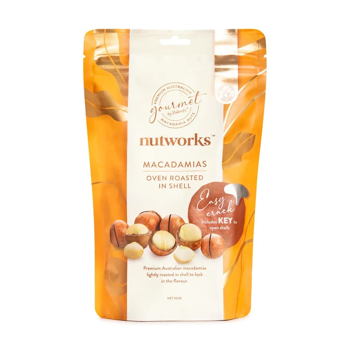 200g Packaging of Nutworks macadamia nuts oven roasted in shell on a white background