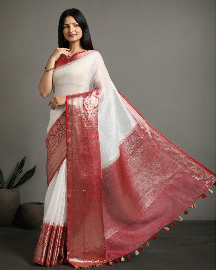 Silk Linen Banarasi Brocade Weaving Handloom White Saree with Blouse-Indiehaat