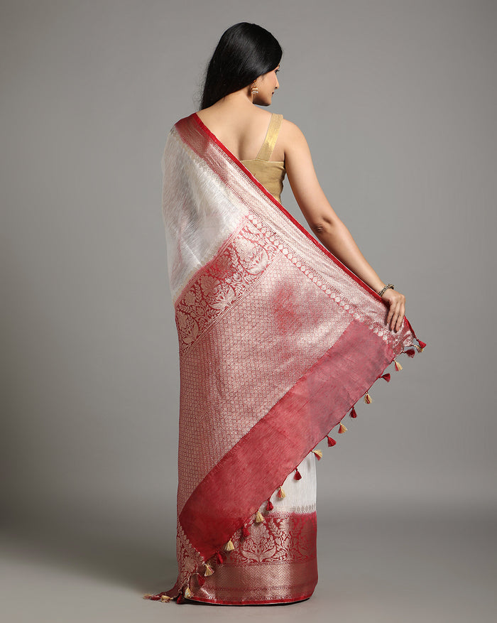 Silk Linen Banarasi Brocade Weaving Handloom White Saree with Blouse-Indiehaat