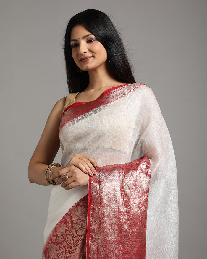 Silk Linen Banarasi Brocade Weaving Handloom White Saree with Blouse-Indiehaat