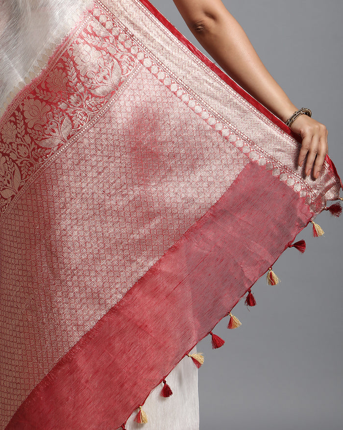 Silk Linen Banarasi Brocade Weaving Handloom White Saree with Blouse-Indiehaat