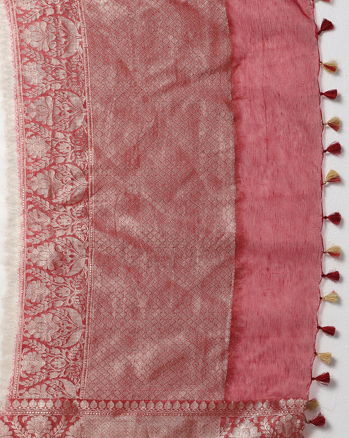 Silk Linen Banarasi Brocade Weaving Handloom White Saree with Blouse-Indiehaat