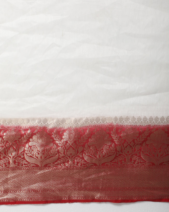 Silk Linen Banarasi Brocade Weaving Handloom White Saree with Blouse-Indiehaat