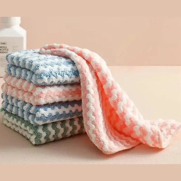 Eco-Friendly Microfiber Dishcloth stacked in various colors for convenient kitchen cleaning.