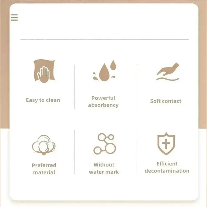 Eco-friendly microfiber dishcloth features: easy to clean, powerful absorbency, soft contact, preferred material, watermark-free.