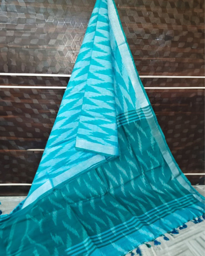 Effulgent Ikkat Slub Linen Handloom Blue Saree