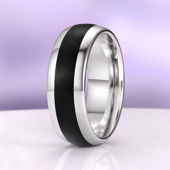 Elain Black Onyx Couples Ring Set by Aquamarise, featuring a polished silver band with a bold black onyx center, part of Matching Couples' Rings and Lovers of the Dark™ collections.