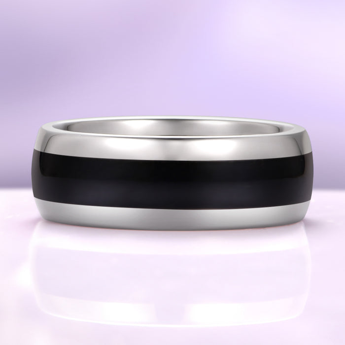 Elain Black Onyx Couples Ring Set by Aquamarise, a sleek sterling silver band with a bold black onyx center, perfect matching couples rings from the Lovers of the Dark™ collection.