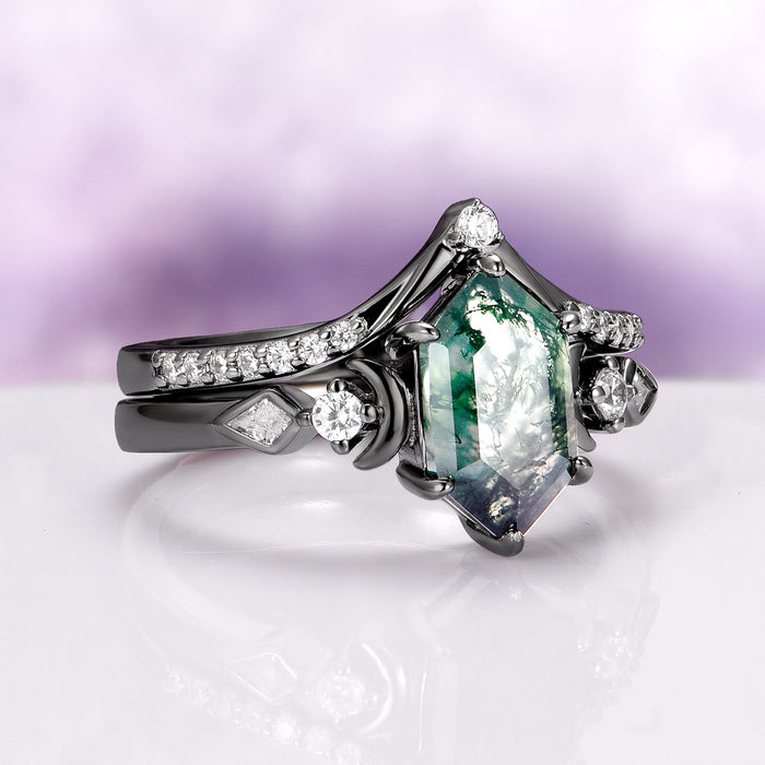 Elara Hexagon Green Moss Agate & Crescent Moon Ring Set in Black Ruthenium featuring a hexagon-cut moss agate and crescent moon details, crafted by Aquamarise for unique engagement styles.