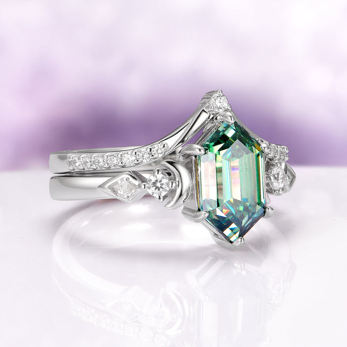 Elara Pacific Green Moissanite & Crescent Moon Engagement Ring Set in 14K White Gold by Aquamarise Gold featuring a radiant hexagonal green moissanite center stone with crescent moon and diamond accents, perfect for non-traditional engagement ring lovers.