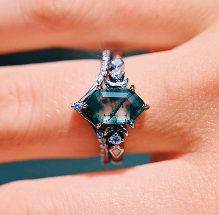 Elara Hexagon Green Moss Agate & Crescent Moon Ring Set in Black Ruthenium featuring hexagon-cut green moss agate and crescent moon design in black ruthenium by Aquamarise.