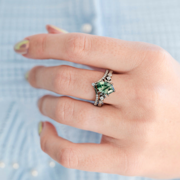 Elara Hexagon Green Moss Agate & Crescent Moon Ring Set in Black Ruthenium worn on hand, featuring a hexagon green moss agate gemstone with crescent moon detail by Aquamarise.