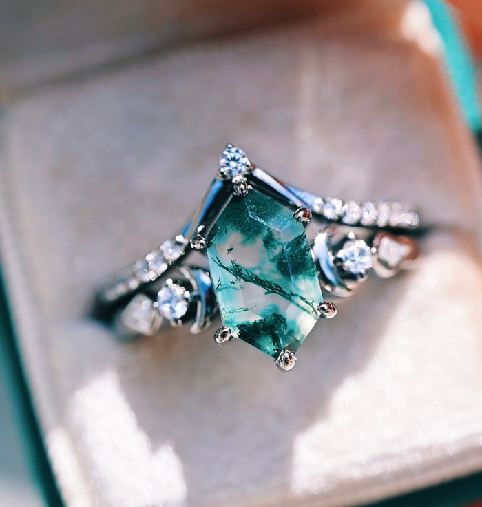 Elara Hexagon Green Moss Agate & Crescent Moon Ring Set in Black Ruthenium showcasing a hexagon moss agate gemstone with diamond accents, crafted by Aquamarise.