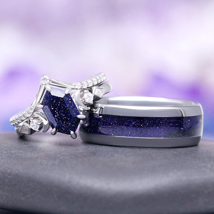 Elara Starry Night and Crescent Moon Couples Ring Set by Aquamarise, featuring a hexagonal deep blue sandstone stone with sparkling silver accents on one ring and a matching band with a glittering blue inlay, part of Matching Couples' Rings and Starry Night™ collections.