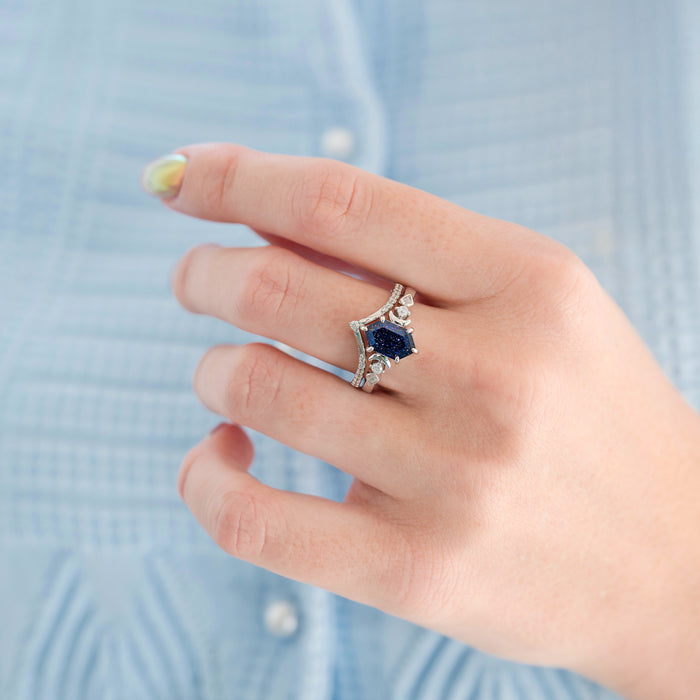 Elara Starry Night and Crescent Moon Couples Ring Set by Aquamarise showcases a hexagonal deep blue gemstone set in polished sterling silver with rhodium finish, featuring celestial star and moon accents, part of Matching Couples' Rings and ACOTAR-Inspired Jewelry collections.