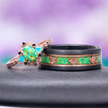 Green Fire Opal Leaf Engagement Ring in 14K Rose Gold Vermeil by Aquamarise, featuring vibrant green fire opal and opalescent sapphires next to a matching black band with copper leaf accents.